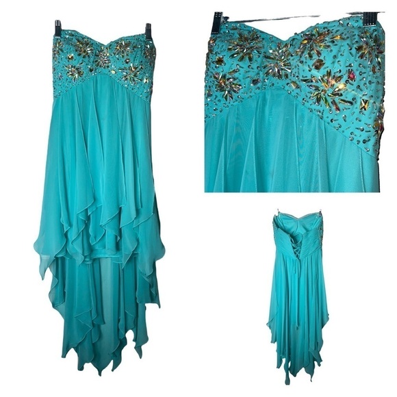 XSCAPE Jade Blue Embellished Strapless Hi Low Hem Mini Dress Size 4 - Picture 1 of 8